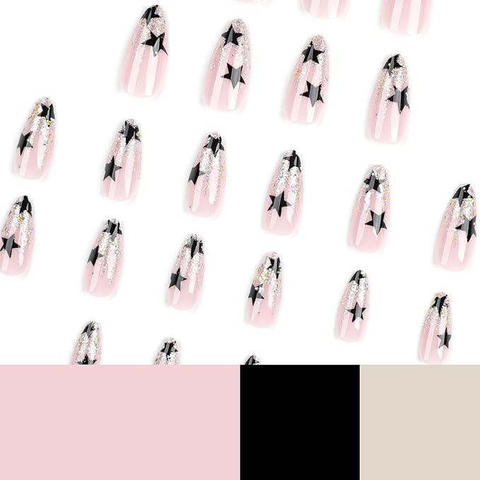 Press on Nails Almond - Medium Fake Nails with Black Star Design - Glitter Glossy Full Cover Stick on Nails for Women 24 Pcs