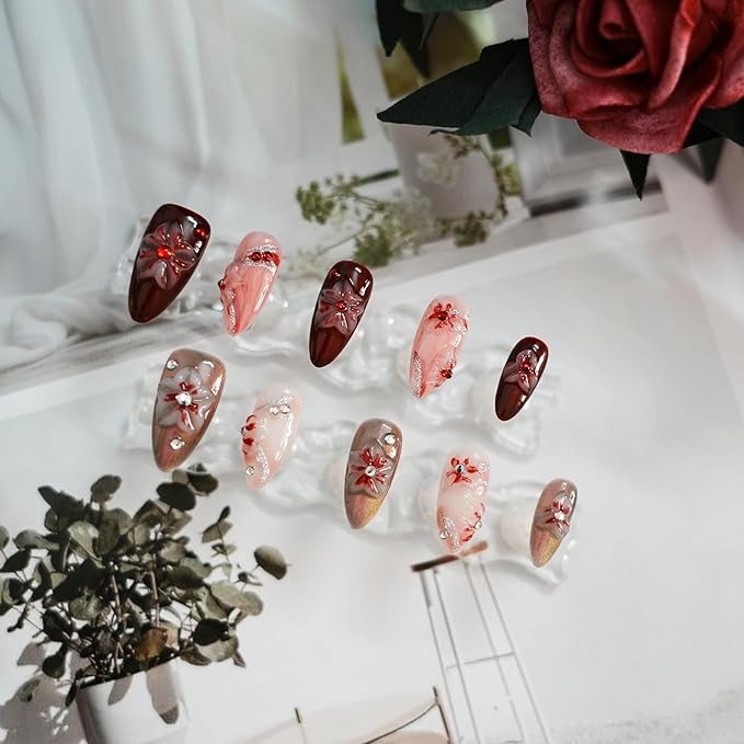 Handmade Floral Press on Nails - Medium Almond 3D Embossed Rhinestones & Red Ombre, Thick Acrylic Gel Nails for Parties, Valentine's Day (Evil Flower,S)