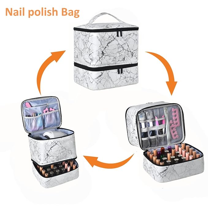 Nail Polish Organizer - Holds 30 Bottles & Nail Lamp, Double-Layer Nail Organizers and Storage, Nail Polish Bag with Handle Nail Travel Case for Nail Tech (White)