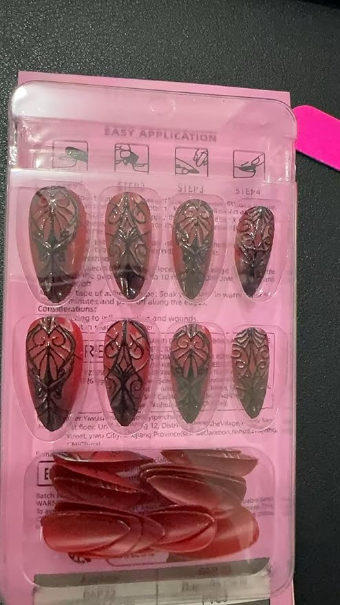 Long Almond Press on Nails Halloween Dark Red Artificial Fake Nails with Black Spider Web Designs Stick on Nail for Women 24pcs