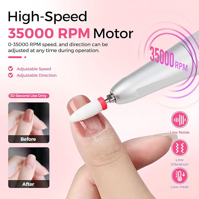 Vrenmol Professional Nail Drill Kit: 35000RPM Electric Nail File 6000mAh Portable N ail Drill Machine with Nail Drill Bits for Nail Tech Acrylic Nail Art Manicure Pedicure Salon at Home