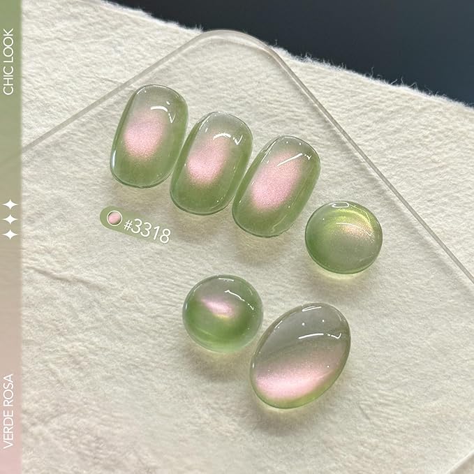 GAOY Green Pink Glassy Cat Eye Gel Nail Polish, 16ml Glitter Holographic Nail Polish with Magnet, Reflective Translucent UV Light Cure, 3318 Verde Rosa