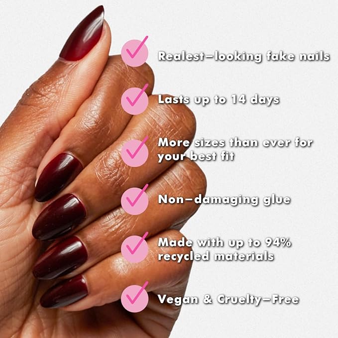 Olive & June Instant Mani Press-On Nails (Glue) | 42 Fake Nails, 21 Sizes | Non-Toxic, Long-Lasting Recycled Materials Realistic Look | Salon-Quality at Home | Medium, Almond | Obsessed
