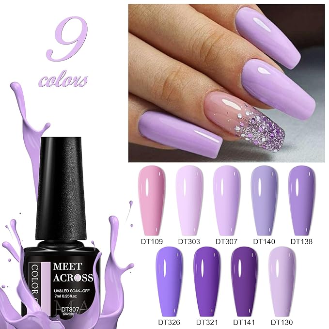 MEET ACROSS 12pcs Gel Nail Polish Set,Soak Off UV LED Lamp Gel Nail Polish Kit,Fashion Shimmer Nail Art Design Gifts for Women Manicure Salon (Purple)
