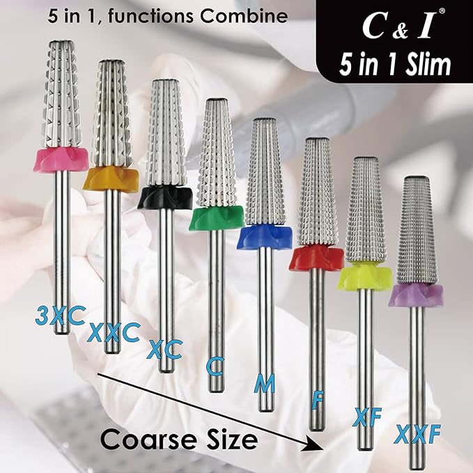 C & I 5 in 1 Nail Drill Bit, Slim Edition, Professional Manicure Drills for Electric Nail Drill Machine (Triple Coarse -3XC)