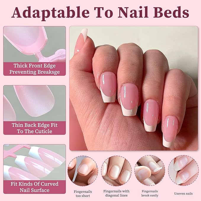 240PC White French Tip Press on Nails Short Fake Nails Press ons with 5*Adhesive Tabs, Pink Coffin Acrylic Nail Press on Nail French Tip Nails False Artificial Fingernails Stick on Nails-B