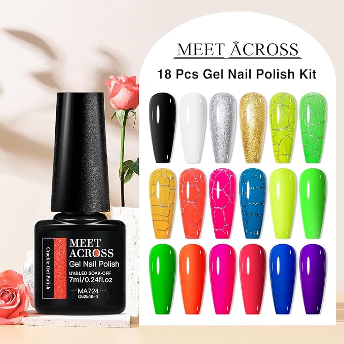 MEET ACROSS Neon Crackle Gel Nail Polish With Black White Sliver Glod Gel+ Glow in the Dark Gel Polish Kit 18Pcs*7ml