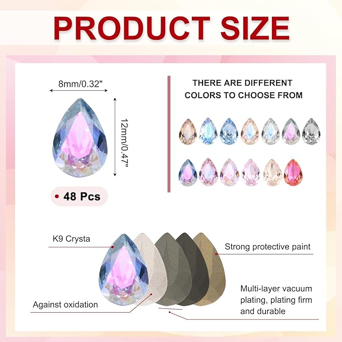 MECCANIXITY 48 Pcs 3D Teardrop Rhinestones Diamond Nail Charm Crystal Pointback K9 Glass Rhinestones Crystal Gems for Jewelry Making, Craft, 8x12mm, Blue Pink