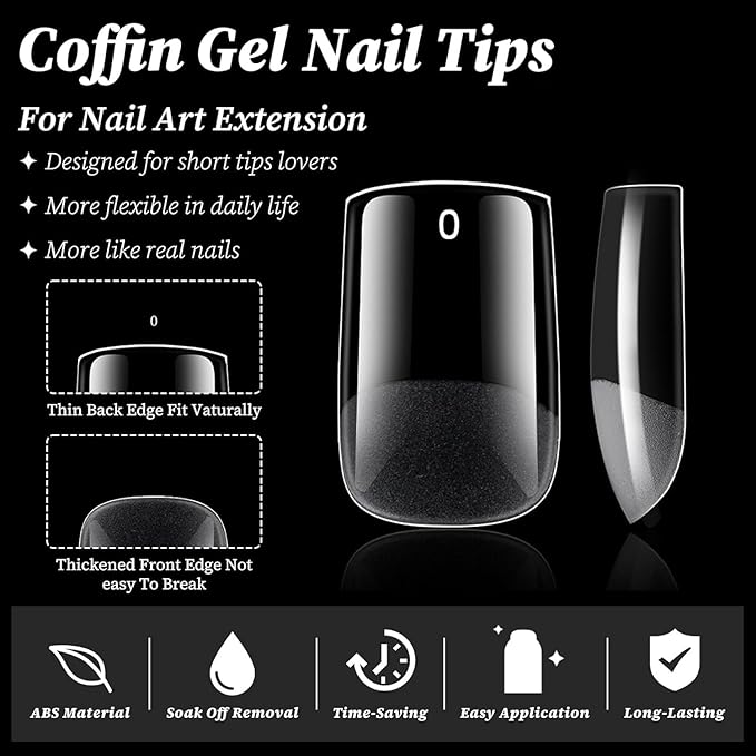 300pc Short Square Gel Nail Tips Clear Fake Nail, Clear Press on Nails Short Square Soft Gel Nail Tips Full Cover Acrylic Nails Full Cover False Nail Artificial Fingernail for Nail Extensions