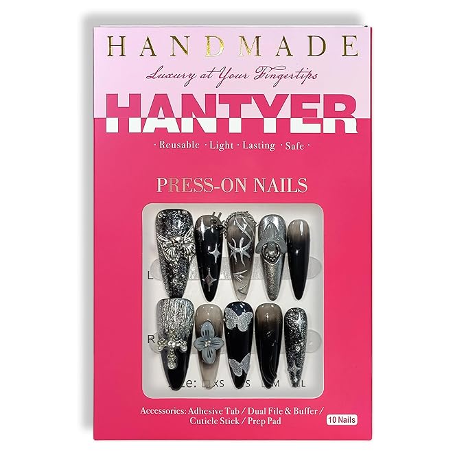 Black Press on Nails with 3D Floral Carving, Skull & Cross Charms, Long Stiletto Glossy Punk Fake Nails, Reusable Edgy Gothic False Nails for Women Concert Night Party (Size XS)