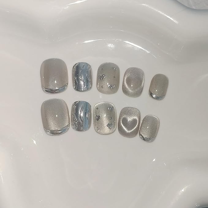 Press on Nails Short Squoval Square, Diamond Dust Hearts Holographic False Nails,Cat Eye Glow Glue on Nails,Icy Shimmer Fake Nails Kit,Luxe Sweet Ins Design False Nails with Tools 10pcs(S)