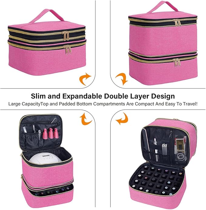 Nail Polish Organizer, Handheld Double Layer Nail Polish Storage with Adjustable Dividers, Holds 30 Bottles (15ml/0.5 fl.oz) for Nail Polish Lamp Manicure Tools and Essential Oil, Wine