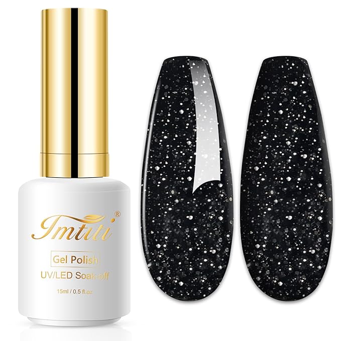 Imtiti 1 Pcs 0.5 Fl Oz Black Glitter Gel Polish Soak Off LED U V Nail Gel Polish DIY Nail Art Starter Manicure Salon Gel Nail Polish Kit for Women Girls