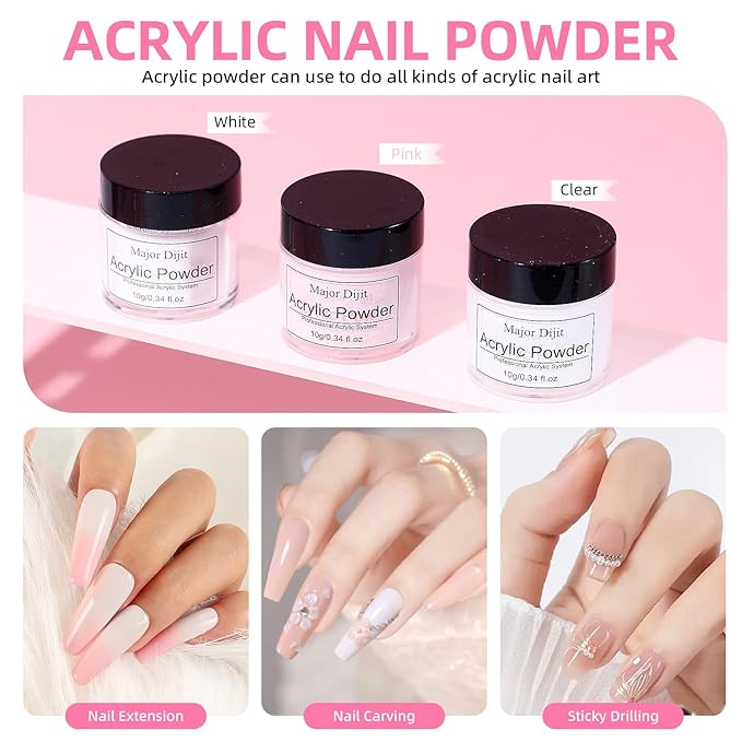 Major Dijit Acrylic Nail Kit with Drill and UV LED Lamp - Starter Set with White Pink Clear Acrylic Powder, 6 Macaron Gel Polishes, Nail Decorations and Manicure Tools