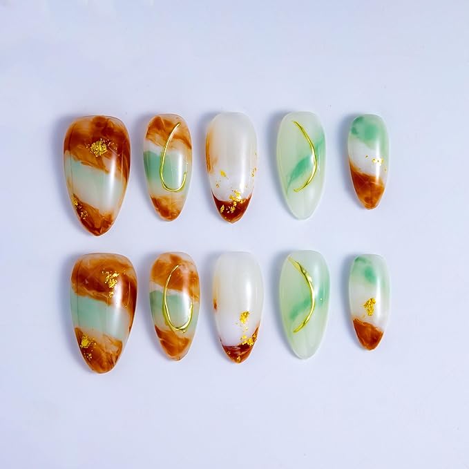 10 Pieces Handmade Press On Nails Medium Almond, Green And WhiteThickened False Nails With Gold Thread Embellishment, Reusable Fake Nails Almond, Reusable Acrylic Nails (L)