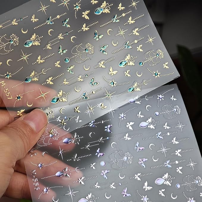 Butterfly Nail Stickers Gold Silver Nail Art Decals with Jelly Design 5D Embossed Self Adhesive Spring Summer Nails Art Sticker Manicure Supply for Women Girls Kid Nails Decoration Accessories