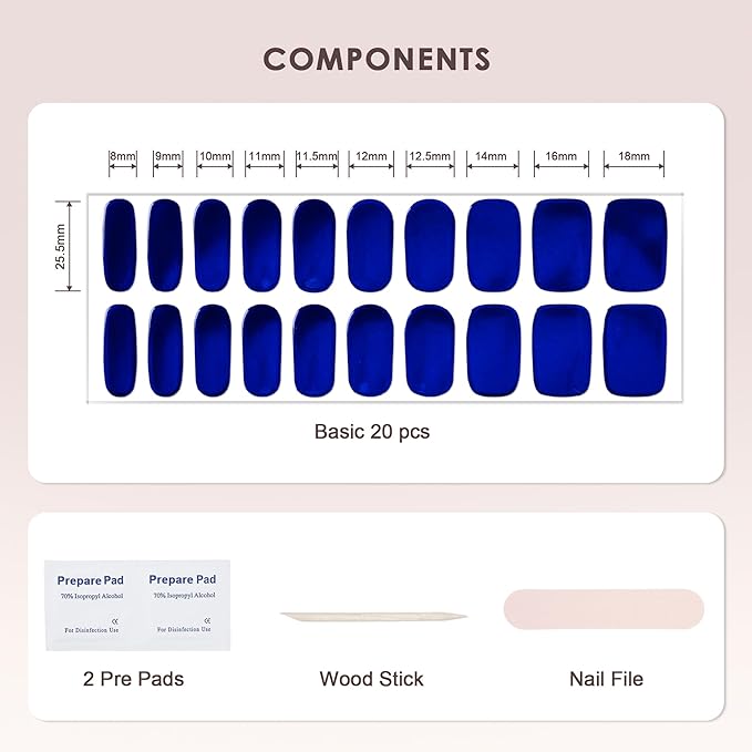 Semi Cured Gel Nail Strips – Real Gel Nail Polish Wraps for Brittle Nails | Waterproof Long Lasting Easy Peel-Off Removal | Hema-Free | 20-Piece Chrome Dark Blue Salon Kit with UV Light