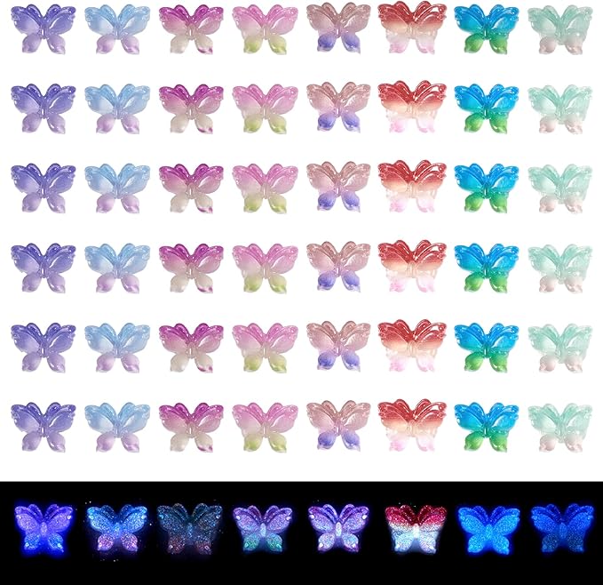 Pandahall 160Pcs 3D Butterfly Nail Charms Luminous Nail Art Decorations Glow In The Dark Resin Glitter Sequins Butterflies Rhinestones 8 Colors for DIY Manicure Carft Accessories