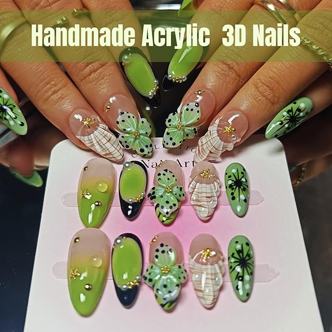 Handmade Acrylic Press On Nails Almond, 3D Press On Nails Medium, 3D Green Nails French Tip Flower Bubble Preal For Women Gift, Reusable Stick On Fake Nails Kit With Nail Glue (Floral Oasis-S)