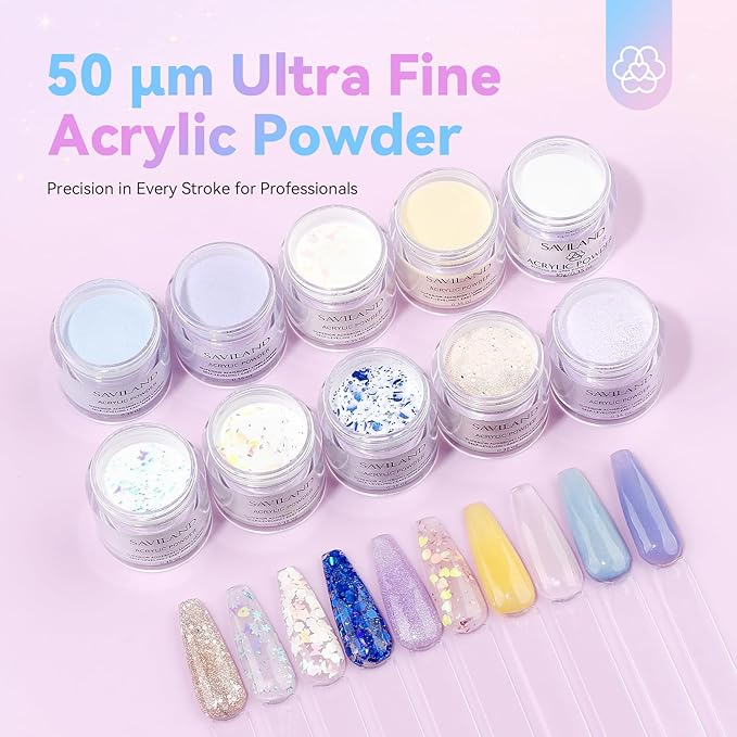 Saviland Acrylic Nail Kit with Everything: 10 Colors Acrylic Powder Clear Liquid Monomer 48W Nail Lamp 20000RPM Nail Drill Complete Tools Home Manicurist Nail Extensions