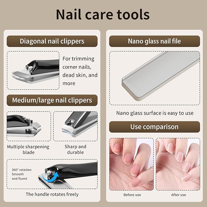 Nail Clippers Set Tweezers Scissors Manicure Grooming kit 9 in 1 with Zip Leather Case