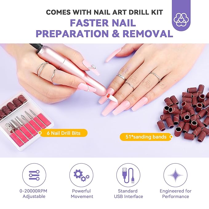 SAVILAND Gel Nail Kit with U V Light: Gel Nail X Kit with Nails Glue Easy At Home Nail Kit 500Pcs Short Coffin Nail Tips and Nail Drill 4-in-1 Glue Gels 15ML Mini U V Nail Lamp For Manicure
