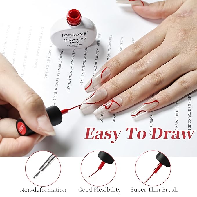 JODSONE Red Swirl Nail Art Liner Gel Polish,10ml Classic Color 3D Nail Art Pens Effect Nail Print Design with Thin Brush for French Tips Manicure Painting DIY at Home - LB03
