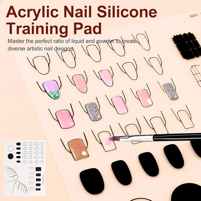Practice Hand for Acrylic Nails, Acrylic Nail Training Mat , Manicure Trainng Hand Nail Kit for Beginners,Movable Nail Maniquin Hand with 50PCS Nail Tips,Acrylic powder, Brush and Clipper(Brown)