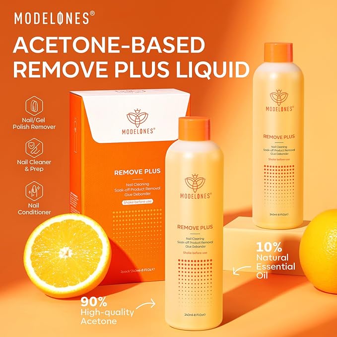 Modelones Nail Polish Remover, Acetone Nail Polish Remover Enriched with Jojoba Oil Gel Polish Remover for Gel Glue Acrylic Dip Powder Remover for Home Salon(8 FL.Oz., Pack of 2)