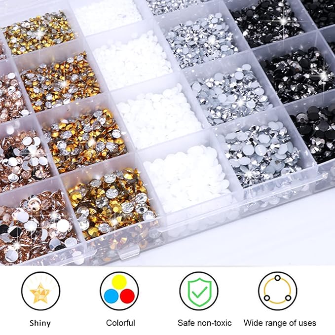BELICEY Black White Resin Crystal Rhinestones Round Beads Flatback Bulk Gems Stones Multi Sizes Gold Rhinestones Nail Crystals for Nail DIY Crafts Clothes Shoes Jewelry
