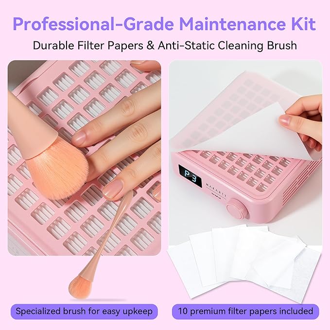 Makartt MIni Nail Dust Collector - Professional Powerful Suction Larina Dust Cleaner with LED Display, Adjustable Speed Wrist Rest and Reusable Filter for Nail Tech Acrylic Gel Polishing Pink