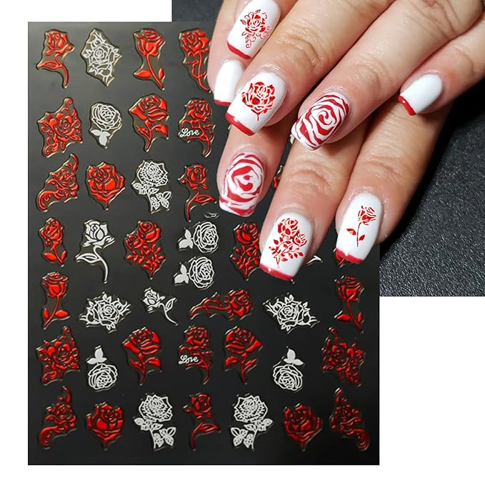 Valentine's Day Nail Art Stickers - Laser Red White Heart Nail Decals, Self-Adhesive Sexy Kiss Heart for DIY 3D Nail Supplies Decoration (6 Sheets)