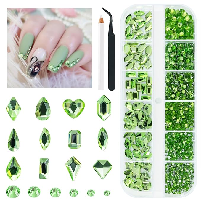 2052Pcs Light Green Nail Rhinestones Grass Green Nail Charms Multi Shapes Crystal Flatback Rhinestones Gems Round Beads Glass Stones Diamonds Jewels Art for Nails Faces Eyes Makeup DIY Crafts