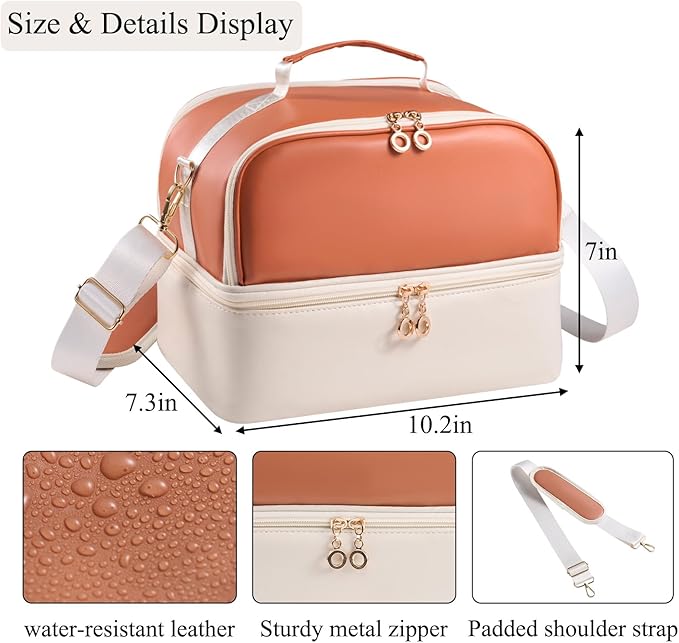 Nail Polish Organizer Holds 35 Bottles & Nail Lamp, Nail Organizers and Storage, Double Layer Nail Bag with Handle & Shoulder Strap for Travel, Nail Supplies Organizer for Manicure Kit (Brown+Beige)