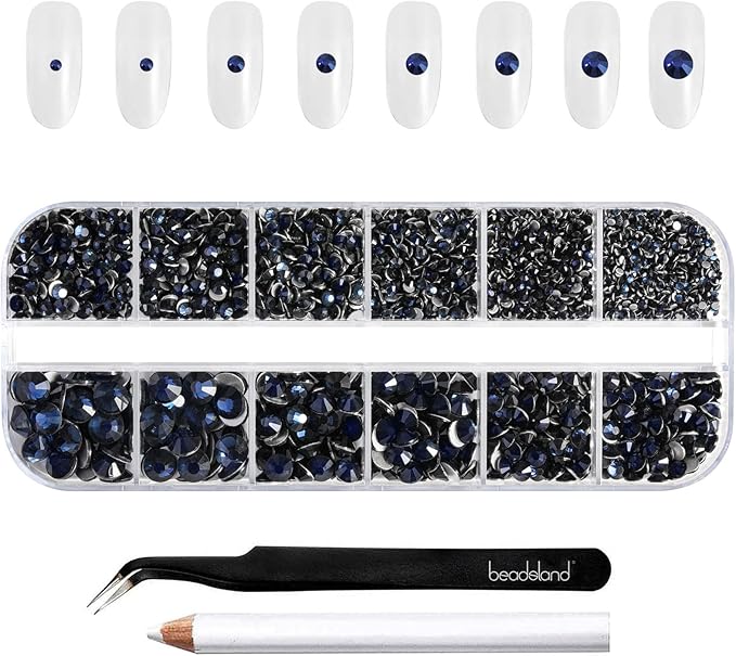 Beadsland Rhinestones for Makeup,8 sizes 2500pcs Navy Blue Flatback Rhinestones Eye Gems for Nails Crafts with Tweezers and Wax Pencil,Montana,SS4-SS30