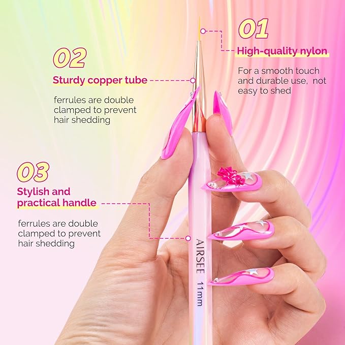 AIRSEE 6Pcs Nail Art Liner Brushes Set, Liner Brush For Nails Gel, Thin Line, Detail Painting, Art Design Pen For Long Lines, Fine Drawing Sizes 7/9/11/13/15/20mm, Pink