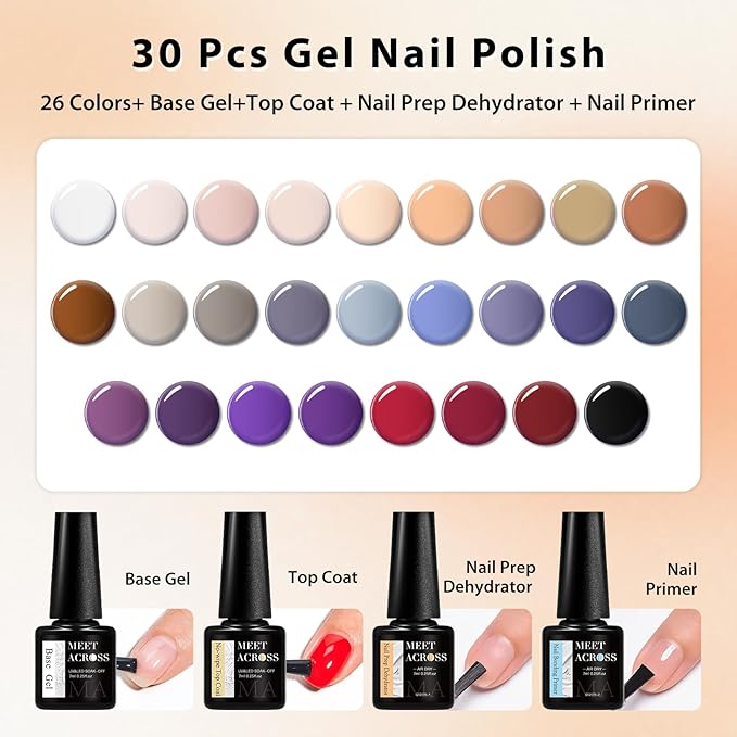 MEET ACROSS Nude Gel Nail Polish 26 Colors Skin Tone Nude Brown Gel Polish Grey Purple Red Fall Winter Series Nail Polish Kit Manicure Gifts for Women Girls 30Pcs