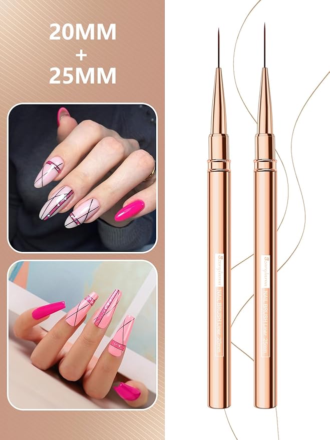 Nail Liner Brush, Fine Line Nail art Brushes 5/9/15/20/25mm Thin Line Nail Brushes Detail Drawing, Liner Brush for Nails Gel (Rose Gold)