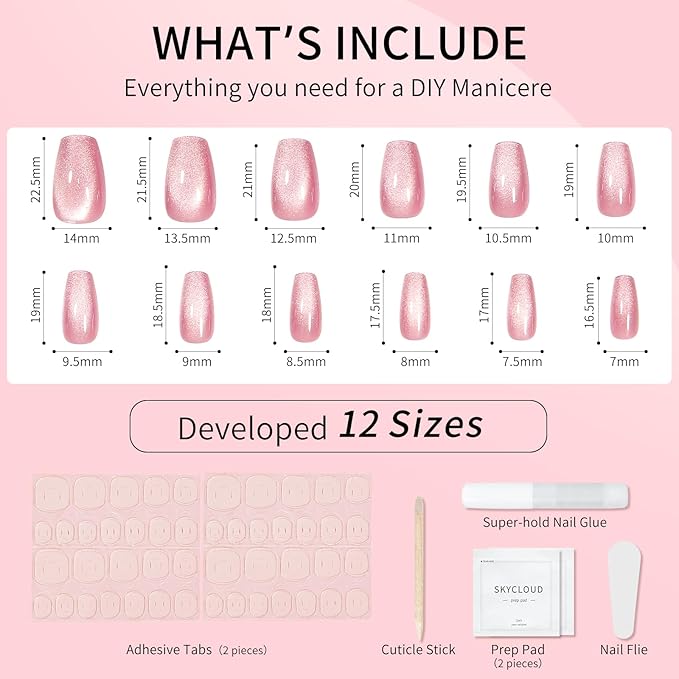 Skycloud Cat Eyes Press On Nails - 24 Pcs Soft Gel Rose Red Pink Medium Coffin Fake Nails Kit with Nail Glue, Natural Reusable Stick On False Nails for Women and Girls (SK0719)