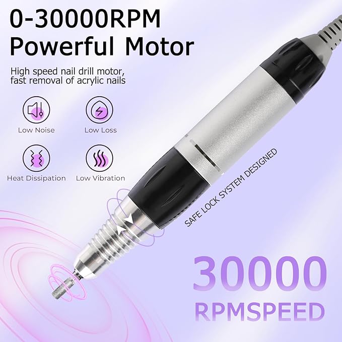 Professional Nail Drill with Pedal Black Nail Drill Set 30000 RPM Electric Nail File with Foot Pedal Nail Grinder E File NailDrill for Acrylic Nails Gel Nail Filer Electric For Home Or Salon