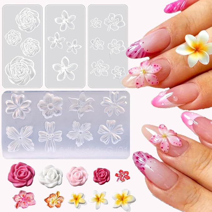 4pcs Silicone Nail Molds Small Flower Mould 3D Gel Nail Art Carving Templates Spring Summer Floral Manicure Tools