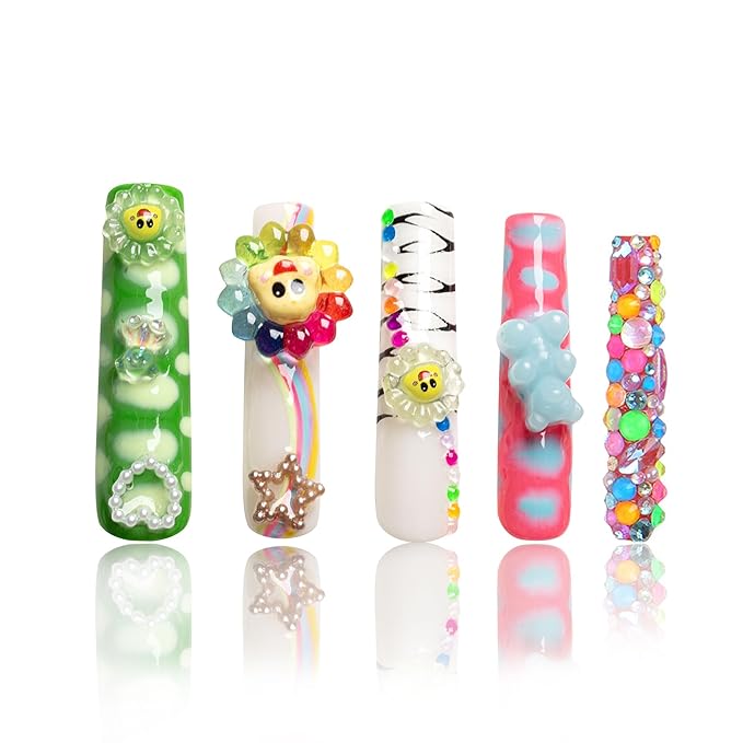 LOVFUL Handmade Press on Nails with Lovkashi Flower Design | Colorful Acrylic Stick On Nails | Reusable Full Cover Nails| Square Long 2.2 in | H65 (S)