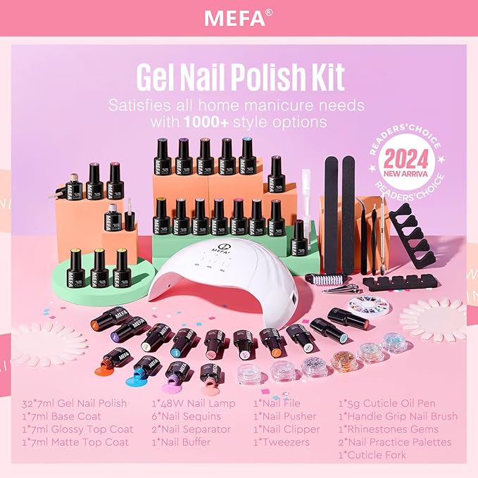 MEFA 32 Colors Gel Nail Polish Kit with U V Light, 54 Pcs Nude Pink Popular Gel Nail Polish Starters Set with Matte/Glossy Base Top Coat Essential Manicure Tools Nails Art Decorations Salon DIY Gifts