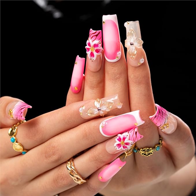 LOVFUL Handmade Acrylic Press on Nails Rosewater Bloom | Short Press ons | Reusable Fake Nails | Square Classic Regular 1.3 in | H499-S