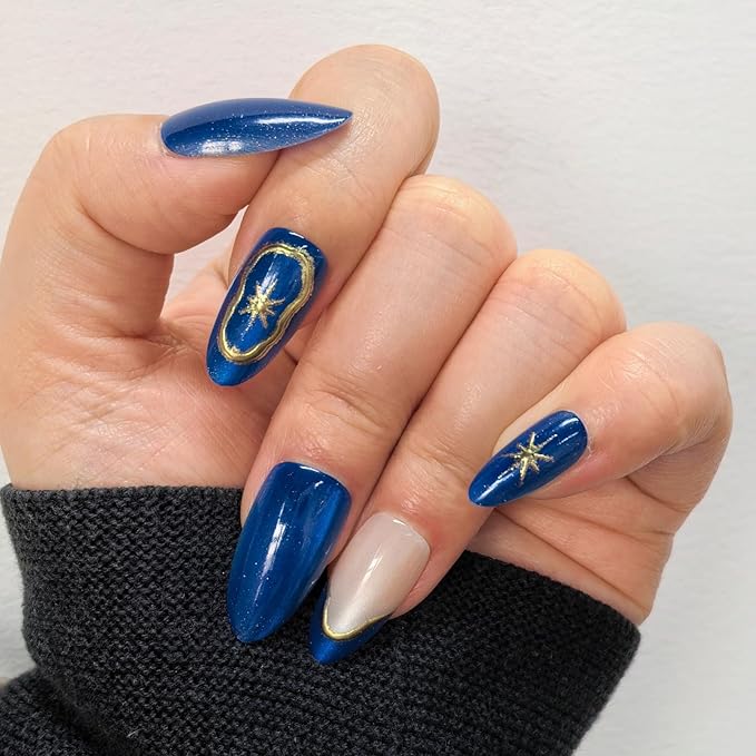 30 Pcs Long Almond Press On Nails - Dark Blue Glitter Gold Star Design, Glossy Reusable Fake Nails with Adhesive Tabs,Easy Application Manicure Set for Work, Party & Daily Use