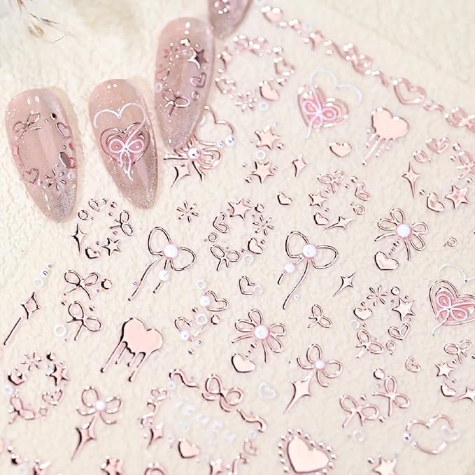 Valentine's 5D Embossed Nail Art Stickers - Romantic Rose Gold & Pink Nail Decals with Bronzing Bow Heart Designs