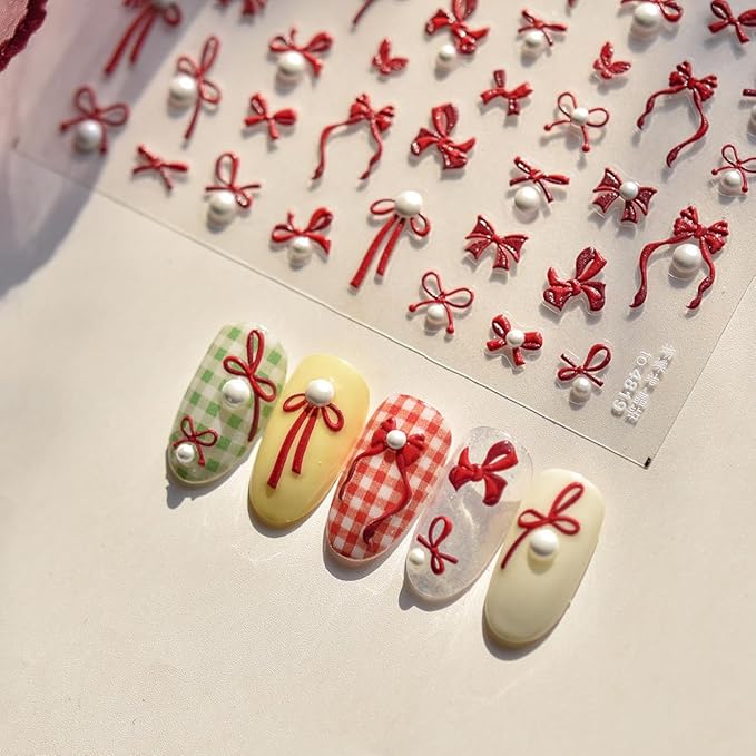 Embossed Bow Nail Art Stickers 5D Valentines Nail Decals with Pearl Design Cute Nail Stickers Self-Adhesive Red Butterfly Nail Accessories Valentines Stickers Supplies for Women Manicure Decor 1Sheet