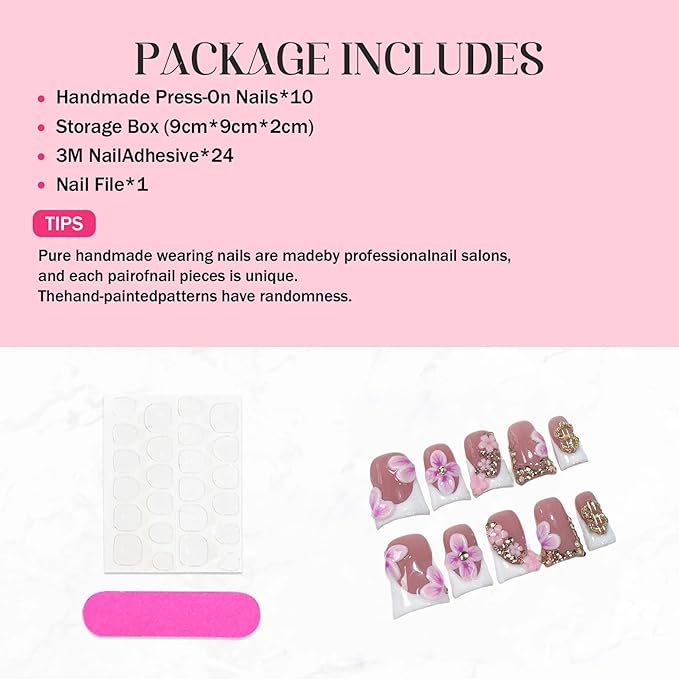 10Pcs Press On Nails Handmade Medium Duck Fake Nails White French Tips False Nails with 3D Flower Art Designs Reusable Acrylic Artificial Stick On Nail for Women Manicure (Size M)