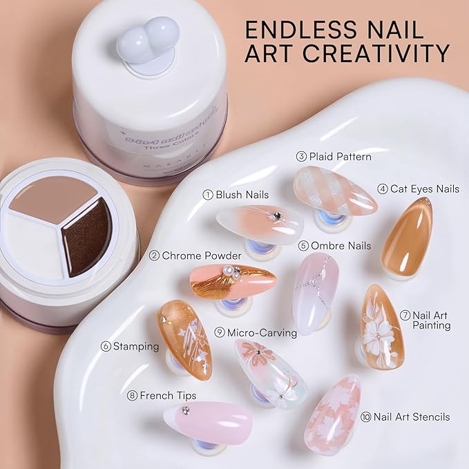 Makartt 5-in-1 Nail Art Gel: ColorPot 3 Colors Gel Nail Polish No Wipe with Nail Stamp for French Tips, Stamping, Ombre Patting, Painting & 3d Micro-Sculpting with Silicone Head for Diy Home Salon Use