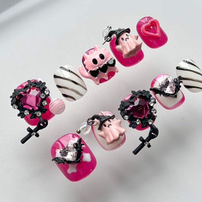 Halloween Press on Nails Short Square Cute Handmade Nails 3D Unique Reusable ABS Material Fake Nails Pink False Nails with Designs Cute Ghost Heart Charms Glossy Glue on Nail Thick Acrylic Nail(M)